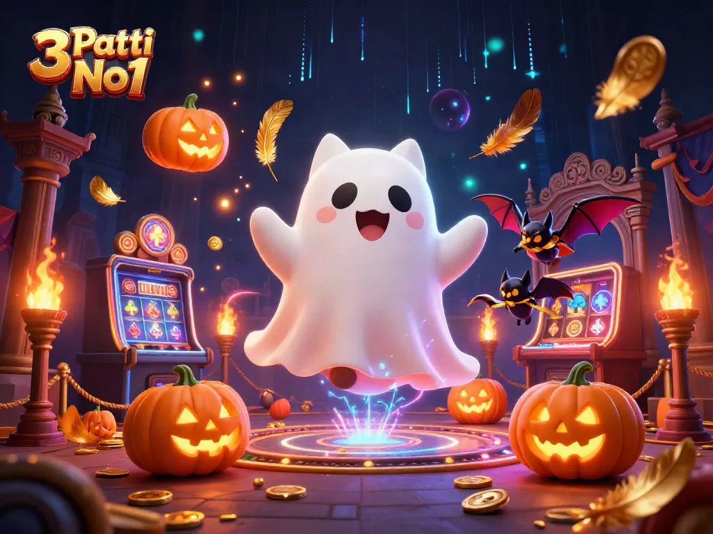 Experience 3 Patti No1 with a ghost cat and vampire bat in a haunted casino filled with vibrant elements.