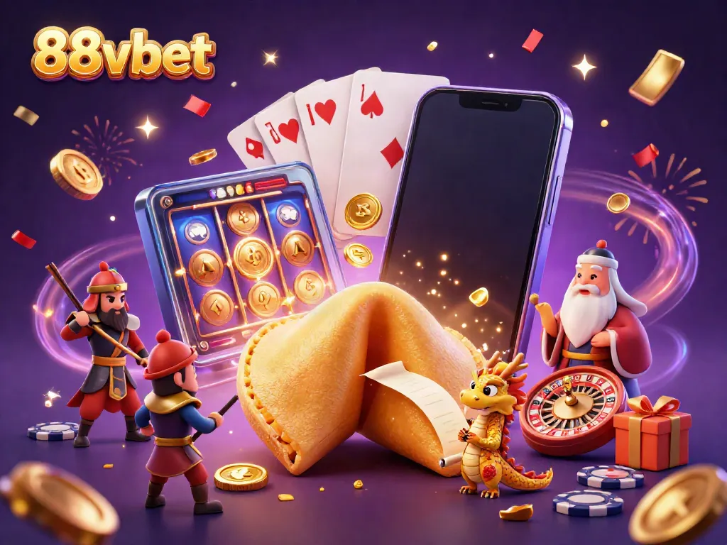 Engage in thrilling gaming at 88vbet with a magical scene of gold, fortune cookies, and exciting slots.