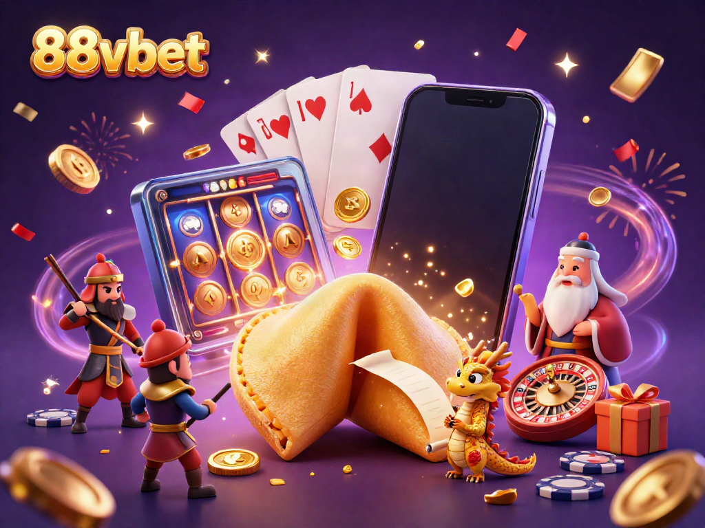 Engage in thrilling gaming at 88vbet with a magical scene of gold, fortune cookies, and exciting slots.
