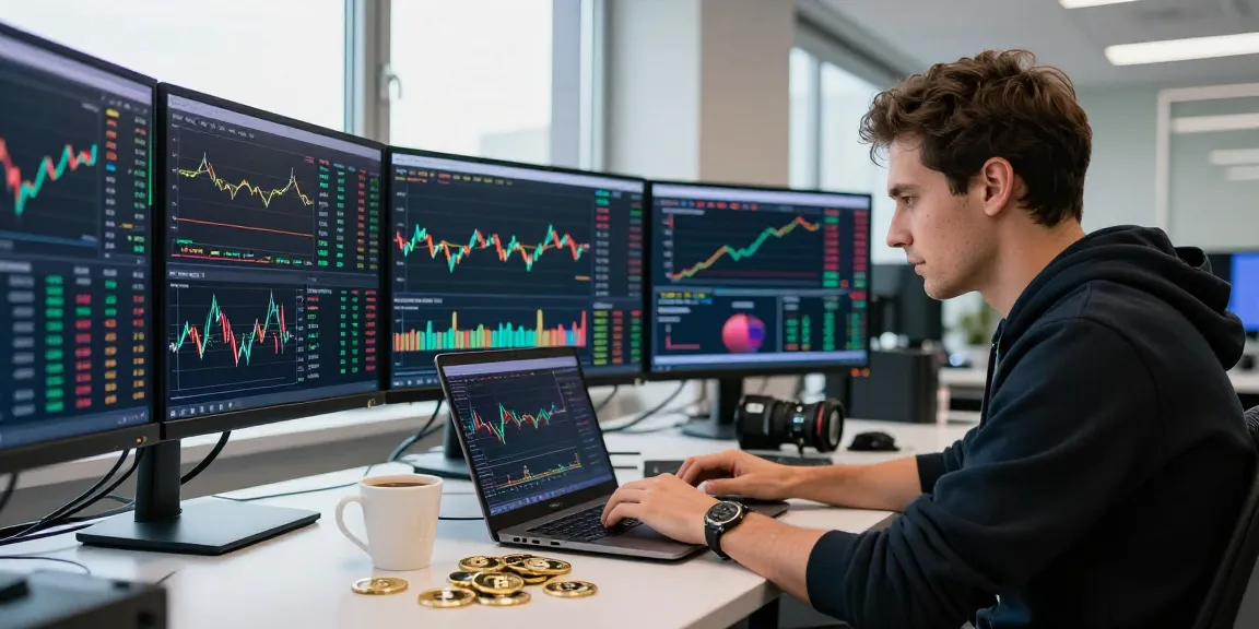 Торговля на bitmex биржа: трейдер анализирует рынок криптовалют, окруженный монетами и графиками.