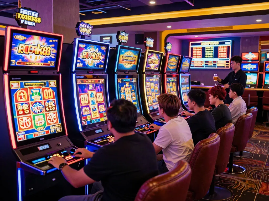 Players enjoying the excitement of rokok88 slot machines in a vibrant casino.