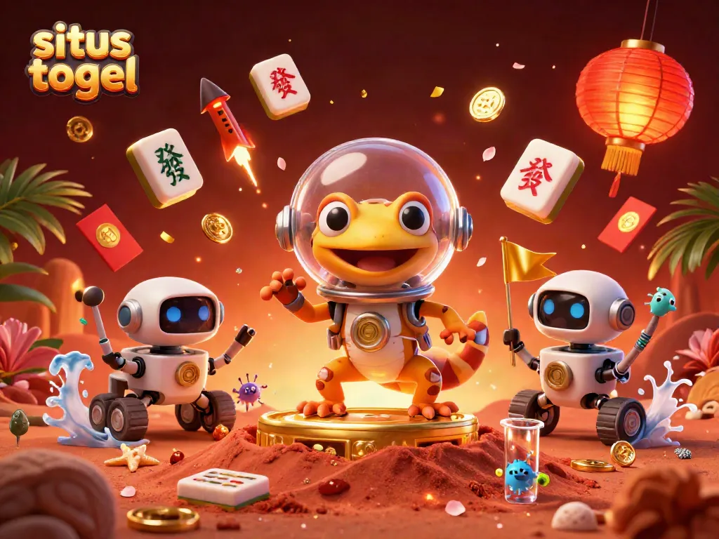 Engaging 3D illustration of a Martian gecko discovering a golden casino, showcasing situs togel.