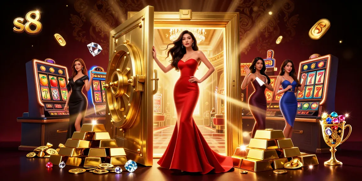 S8 players winning big with vibrant slot reels and luxury casino atmosphere.