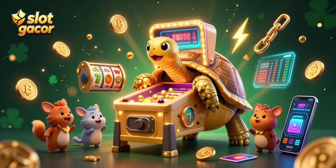 Spin the slot gacor to win! A colossal tortoise pinball machine captivates small animals waiting to play amidst vibrant casino elements.