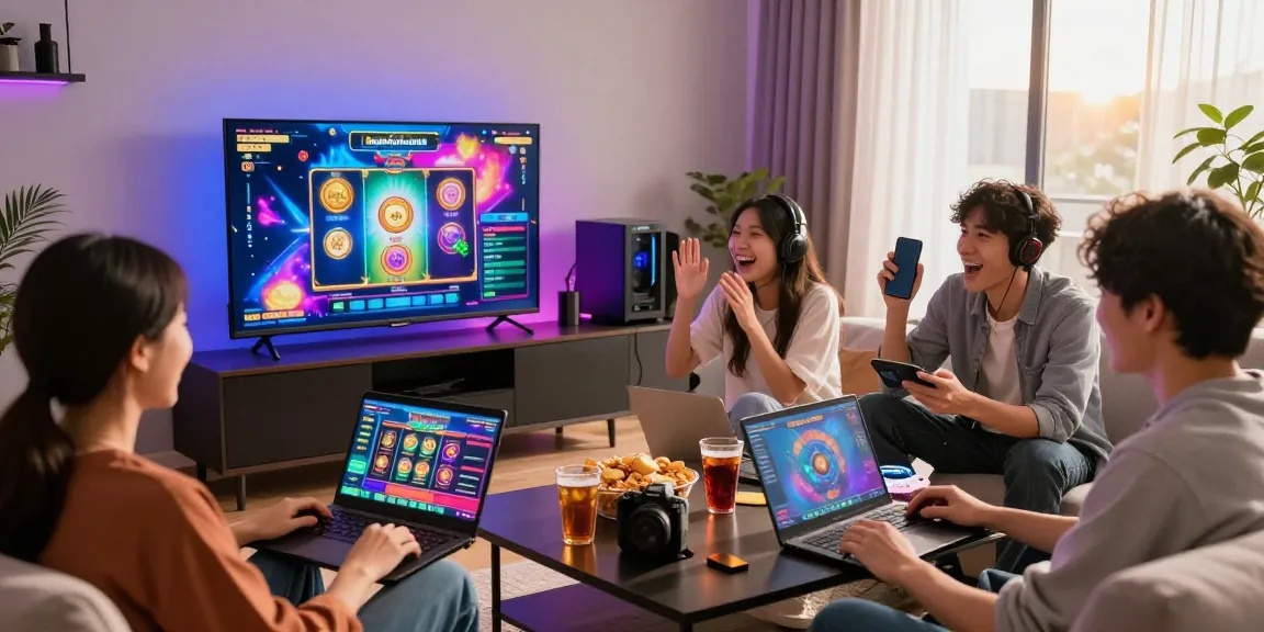 Exciting ngamenjitu online gaming scene with friends enjoying slot games in a cozy living room.