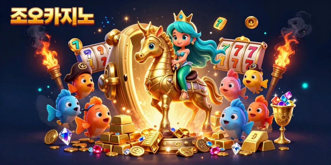 Experience 조이카지노's vibrant 3D cartoon illustration showcasing a mermaid princess and seahorse, surrounded by dynamic gambling elements.