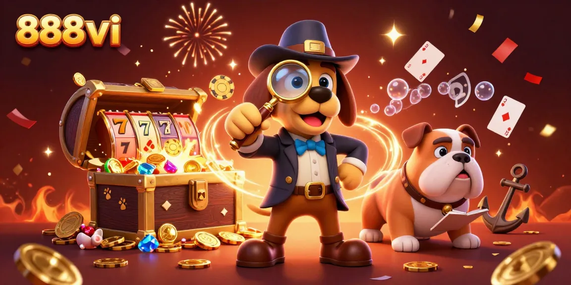 Experience thrilling gameplay at 888vi with vibrant illustrations of poker chips and animated characters.