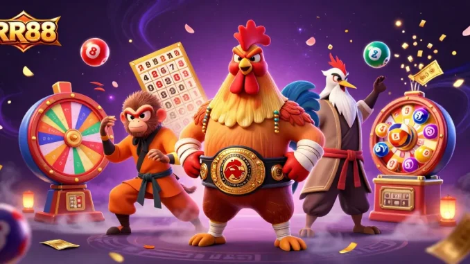 RR88 lottery excitement with vibrant characters celebrating big wins, colorful dynamic elements all around.