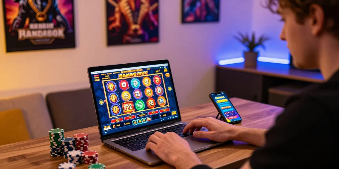 Exciting scene of a player engaging with bonus buy slots UK on a laptop showcasing vibrant game graphics, colorful casino atmosphere