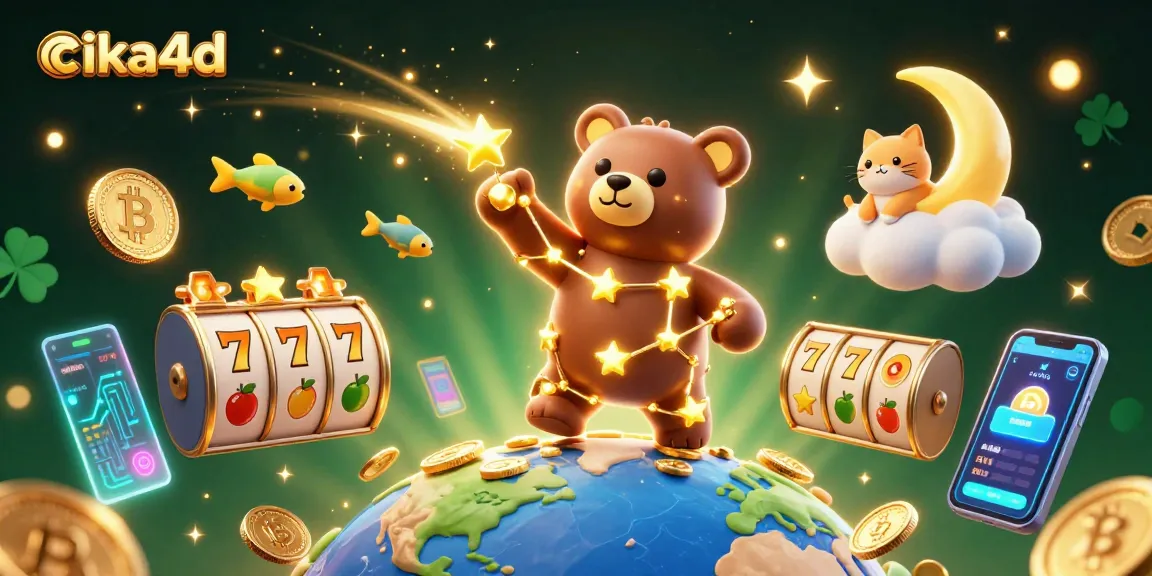 Experience excitement with cika4d, featuring a rich illustration of a winning casino scene filled with playful characters and slot elements.