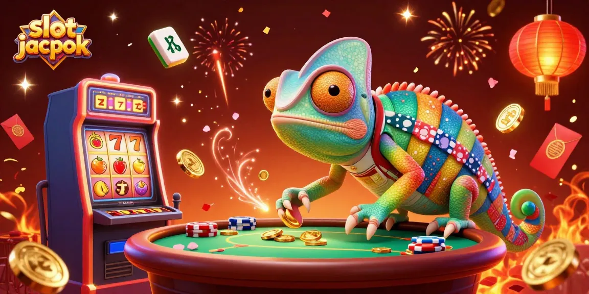 Slot jackpot menarik perhatian dengan chameleon besar, mesin slot, dan koin emas dalam ilustrasi 3D.