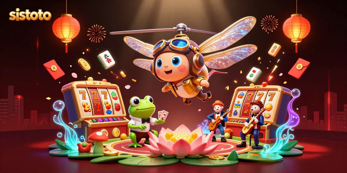 SISTOTO menampilkan dealer frog yang membagikan kartu di kasino lily pad dengan suasana bermain yang meriah.