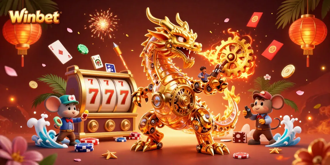 Winbet showcases a dynamic casino scene featuring a golden dragon and exciting gaming elements for gamblers.