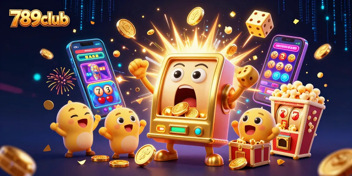 Experience thrilling wins with 789club's golden slot machine jackpot celebration and cheerful game elements.