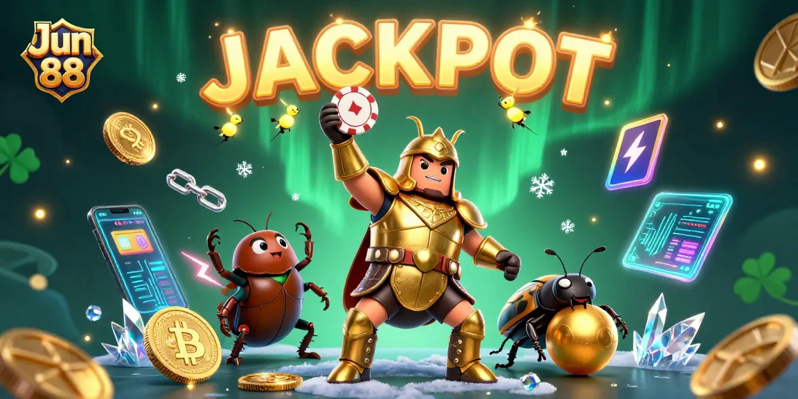 Experience exciting wins with Jun 88's vibrant online casino adventure featuring a heroic beetle.