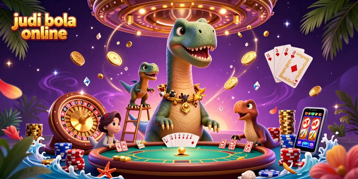 Engage in judi bola online with a vibrant 3D casino scene featuring a giant brontosaurus and clever raptor.