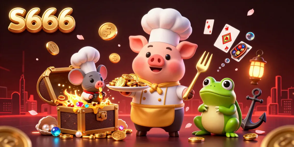 Join the excitement at S666 with a vibrant casino-themed scene featuring a chef pig serving gold coins in a dynamic atmosphere.