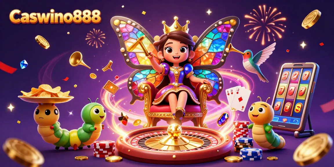 Experience the vibrant Caswino888 casino with a majestic butterfly queen and dynamic gaming elements.