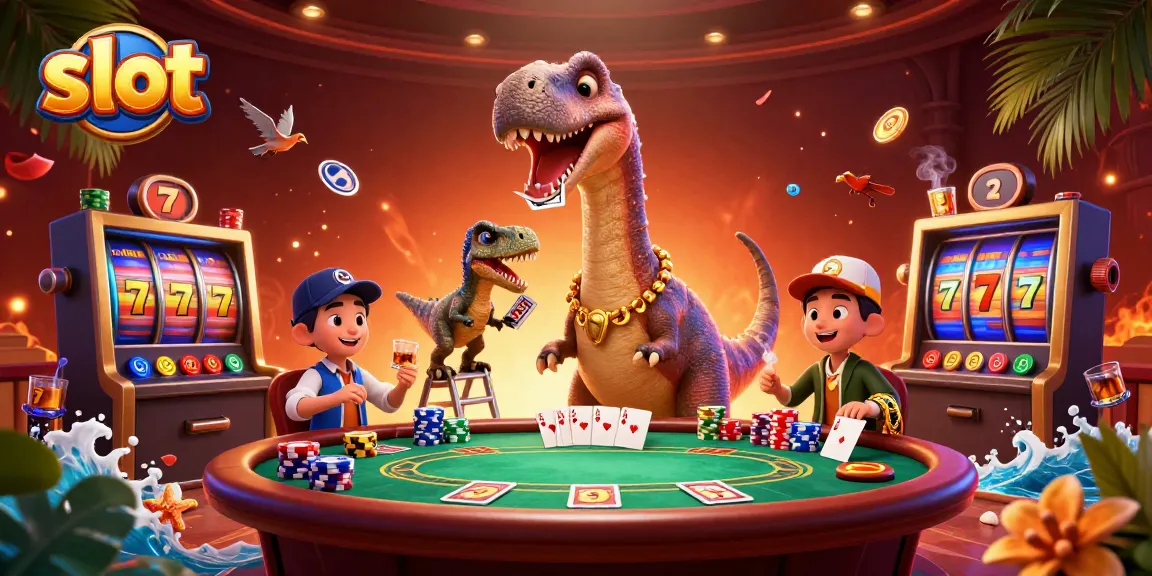 Slot berputar dengan dinosaurus besar di kasino, raptor membagikan kartu, pengalaman bermain yang unik.