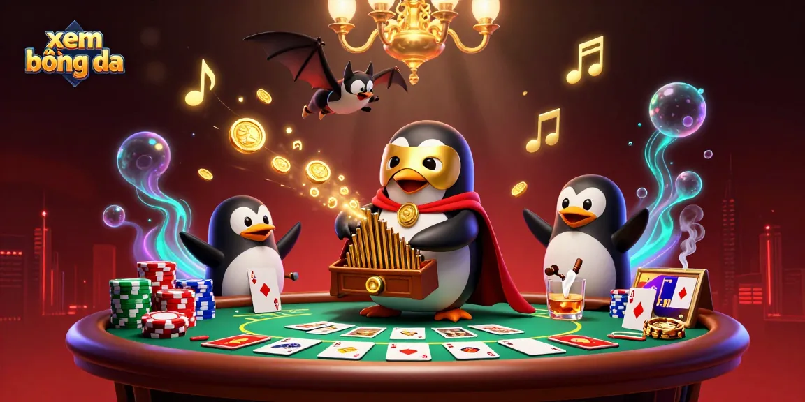 Xem bóng đá with a dynamic illustration of a penguin playing an organ, surrounded by golden coins and poker elements.