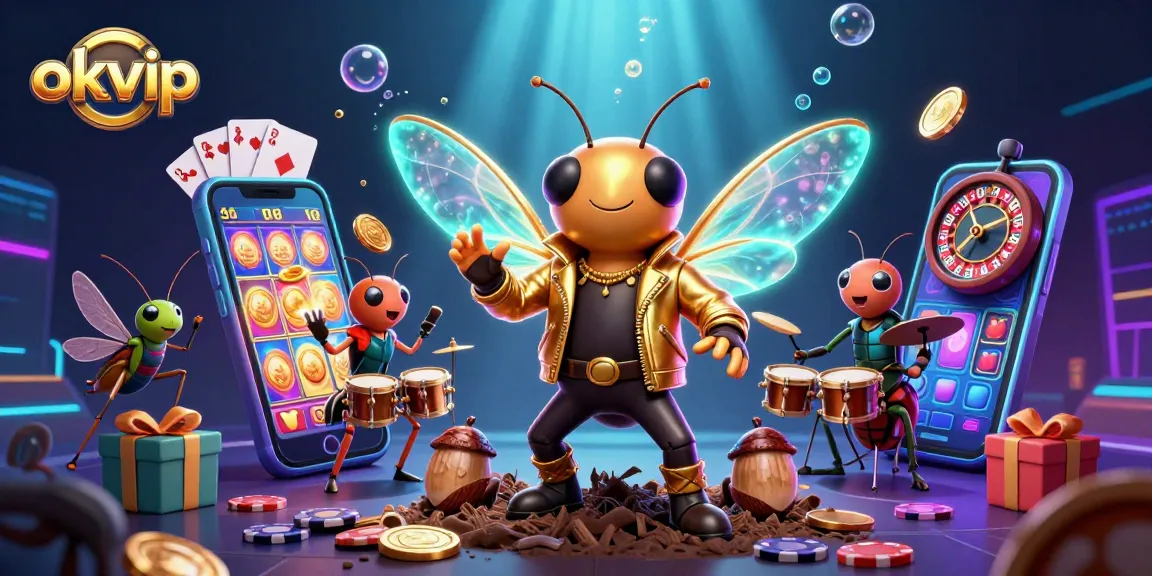 okvip features an electrifying 3D illustration of a cicada rock star with interactive gambling elements.