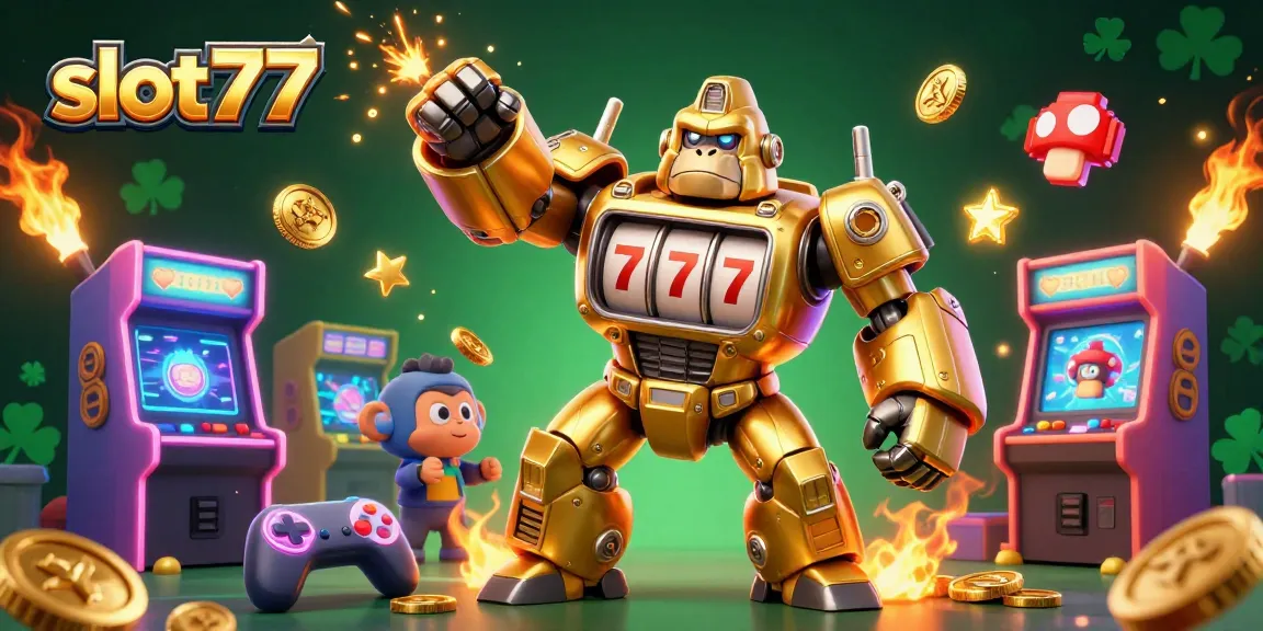 Experience slot77 excitement with a golden gorilla mech amidst vibrant casino game elements.