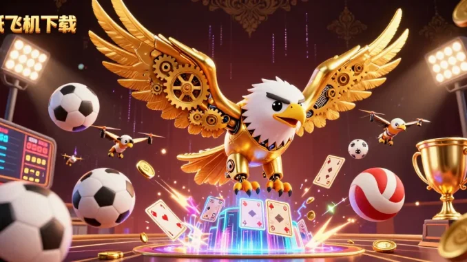 Experience the excitement of 纸飞机下载 with a cybernetic eagle soaring through a dynamic casino scene.