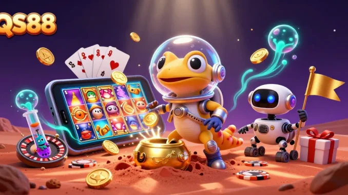 Experience exciting gambling with QS88 as a Martian gecko unveils a casino on Mars amidst glowing, vibrant elements.