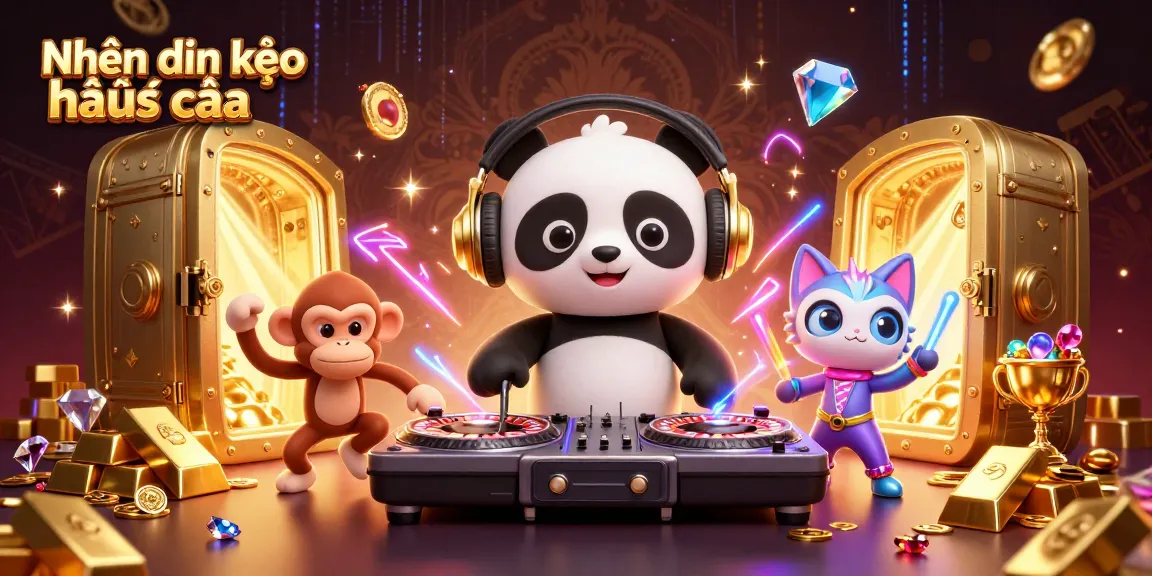Engaging Nhận định kèo nhà cái scene with 3D DJ panda and animated characters celebrating in a dynamic casino atmosphere.