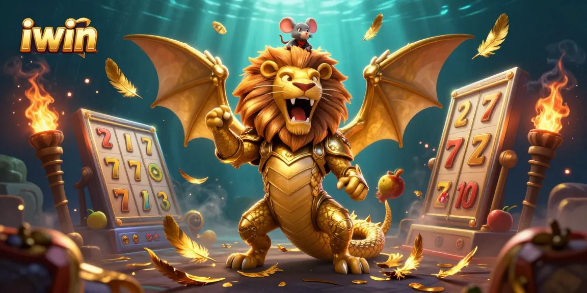 Spin the iwin slots with a powerful chimera and brave mouse jockey, surrounded by glowing treasures.