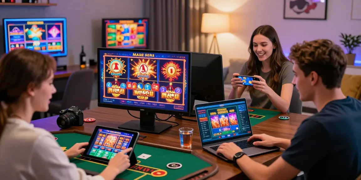Exciting scene of players engaging with new online casinos UK on various devices, showcasing a lively home gaming atmosphere.