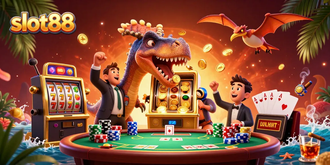 Slot88 menghasilkan koin jackpot saat karakter kartun dinosaurus berinteraksi dengan mesin slot emas di kasino.