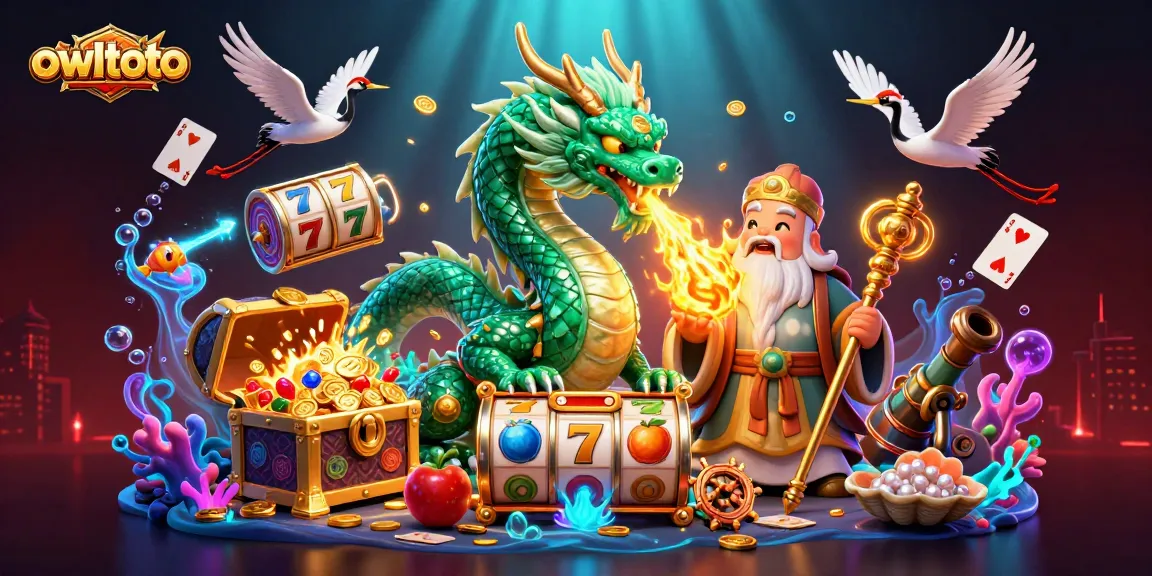 Engage in thrilling casino adventures with owltoto's vibrant 3D illustration featuring dragons and jackpots.