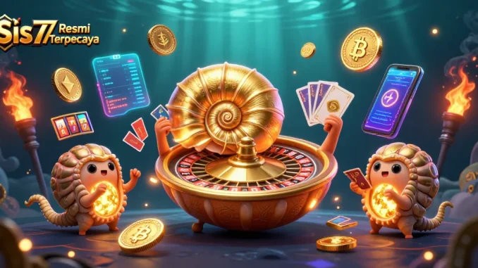 Visualisasi permainan kasino 3D menarik dengan Sis77 Resmi Terpercaya dan karakter nautilus berkilau.