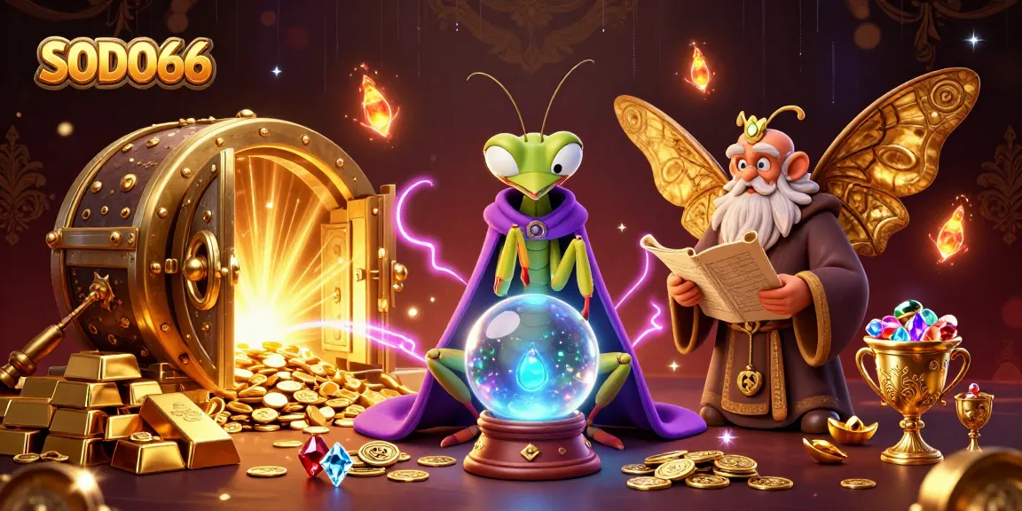SODO66 brings vibrant 3D fortune teller and moth librarian amidst golden treasures for an engaging gaming experience.