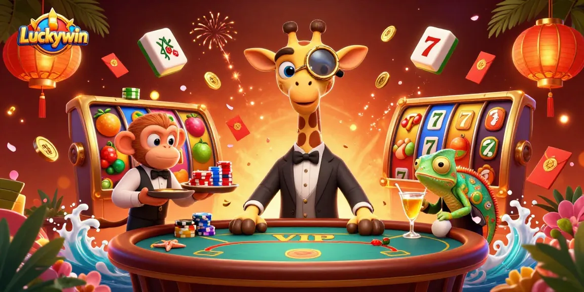 Experience the thrill of Luckywin at a vibrant casino scene filled with winning slots and characters.