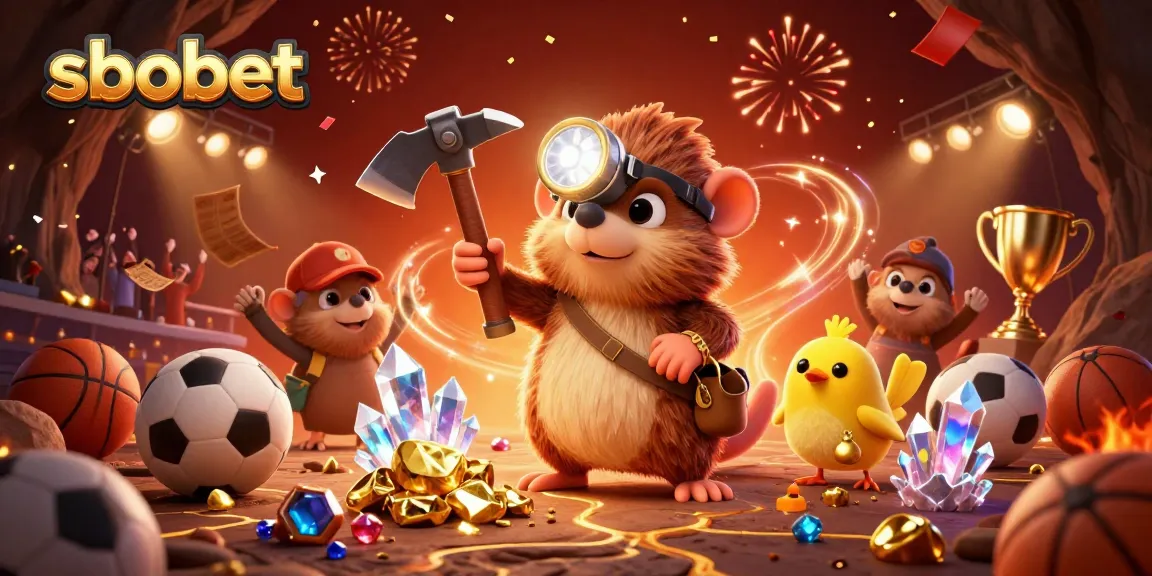 Experience sbobet's thrilling sports betting with a dynamic scene featuring a treasure-hunting mole and festive elements.