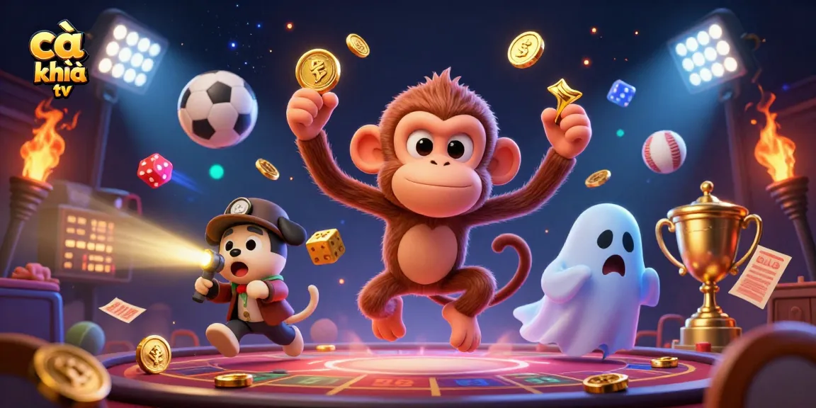 Cà khịa tv showcases a playful monkey and a puppy chasing golden nuggets through a vibrant haunted casino atmosphere.
