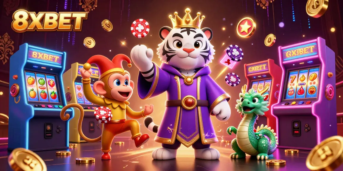 Engage in thrilling 8XBET casino action with vibrant characters in a lively gaming scene.