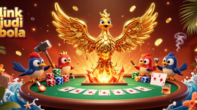 Experience link judi bola with an ultra-detailed illustration of a molten phoenix and poker scene.