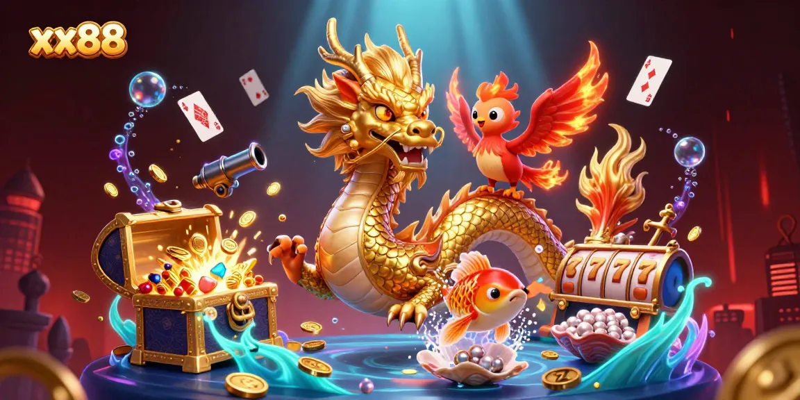 Experience the thrill of xx88 with a fierce dragon, phoenix, and koi fish in a vibrant casino scene.