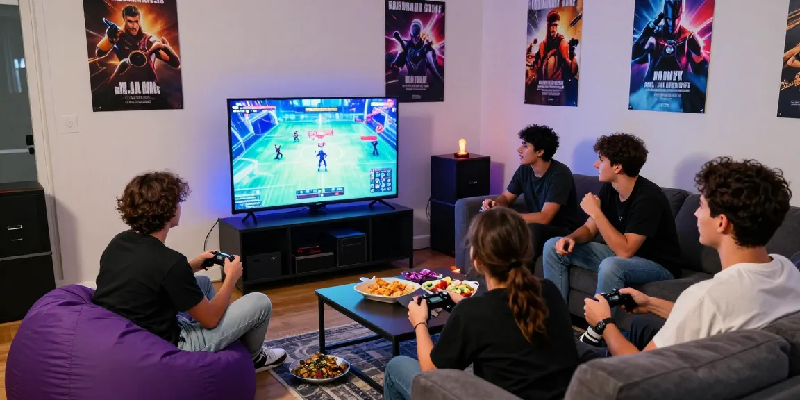 Raja Game login scene with friends playing video games together, vibrant atmosphere and excitement.