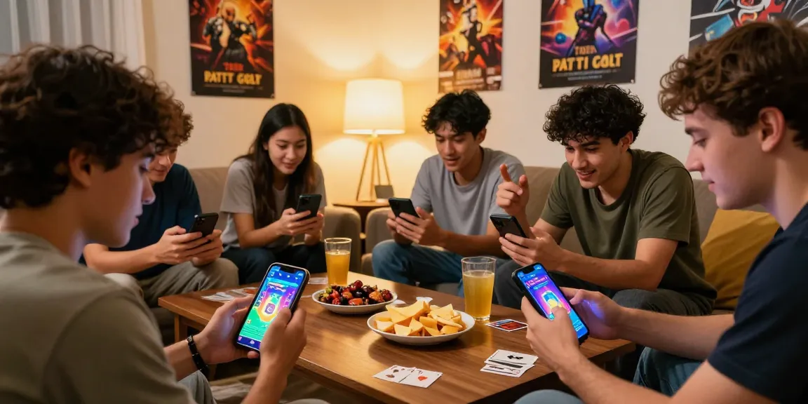 Friends enjoying the Official Teen Patti Gold app together in a cozy gaming atmosphere.