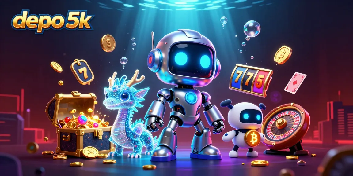 Spin the reels of depo 5k with vibrant slot elements and engaging characters in a rich casino scene.