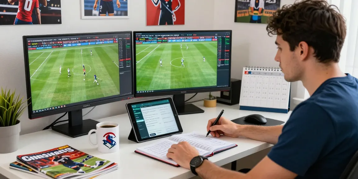 Prediksi Bola Malam Ini analytical sports scene with real-time statistics and football predictions in a focused office.