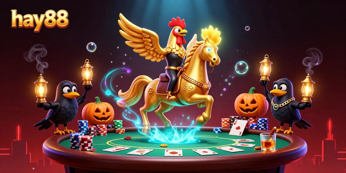 Experience the thrill of hay88 casino with a golden rooster and lantern-carrying crows amidst vibrant gaming chaos.