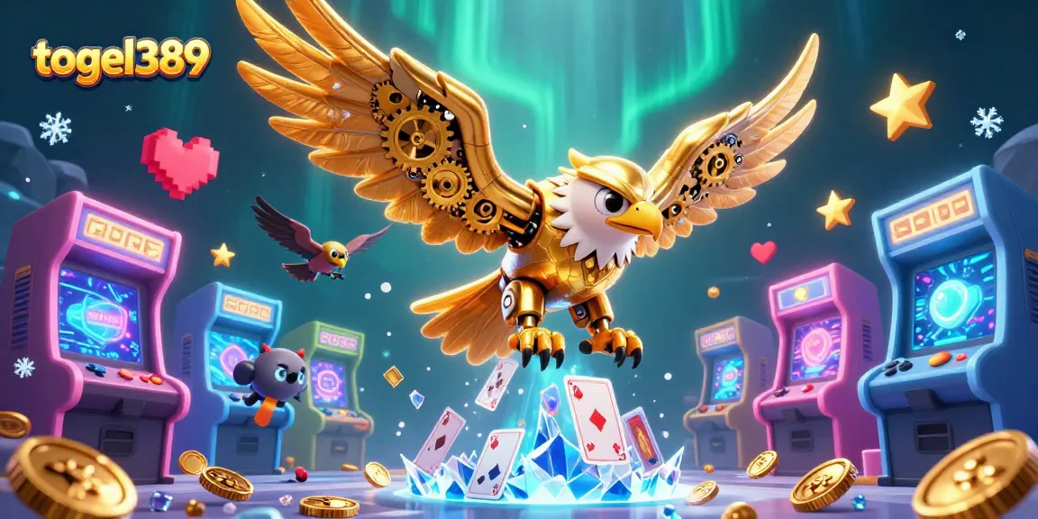 Engage with togel389's thrilling 3D casino illustration featuring a cybernetic eagle amid holographic cards.