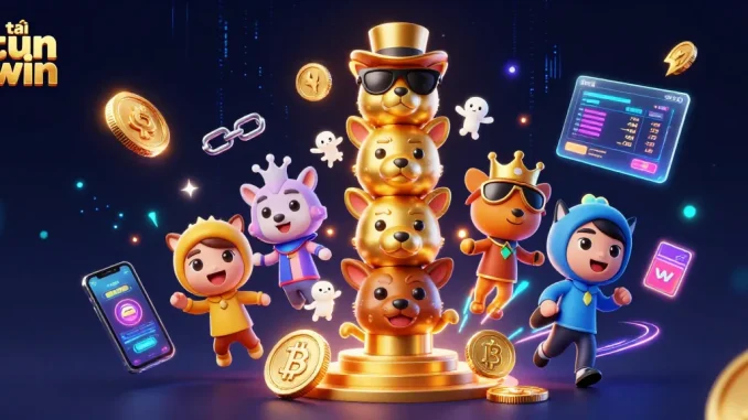 Play exciting games at tải sun win with vibrant casino elements and glowing cryptocurrencies.