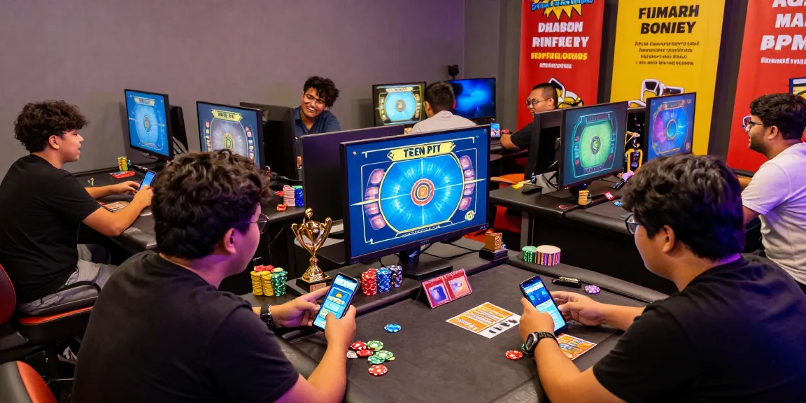 Start playing Teen Patti games in a vibrant gaming lounge filled with engaging players and colorful graphics.