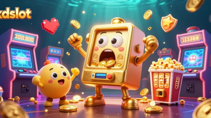 Experience kdslot's exhilarating jackpots with a 3D cartoon golden slot machine celebrating a win among cheering companions.